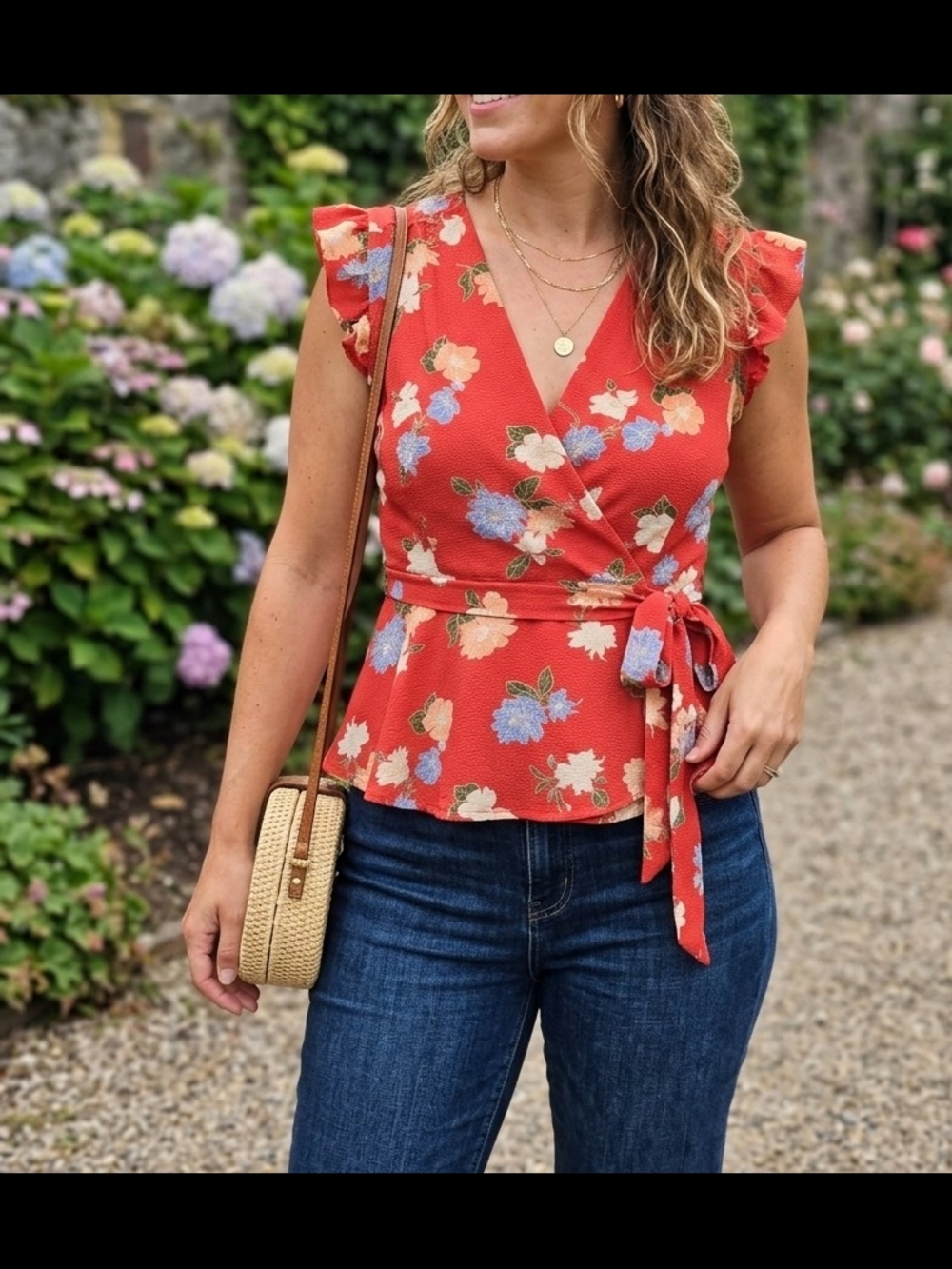 Monteau Los Angeles Women's Floral Wrap Peplum Blouse in Coral Size Large